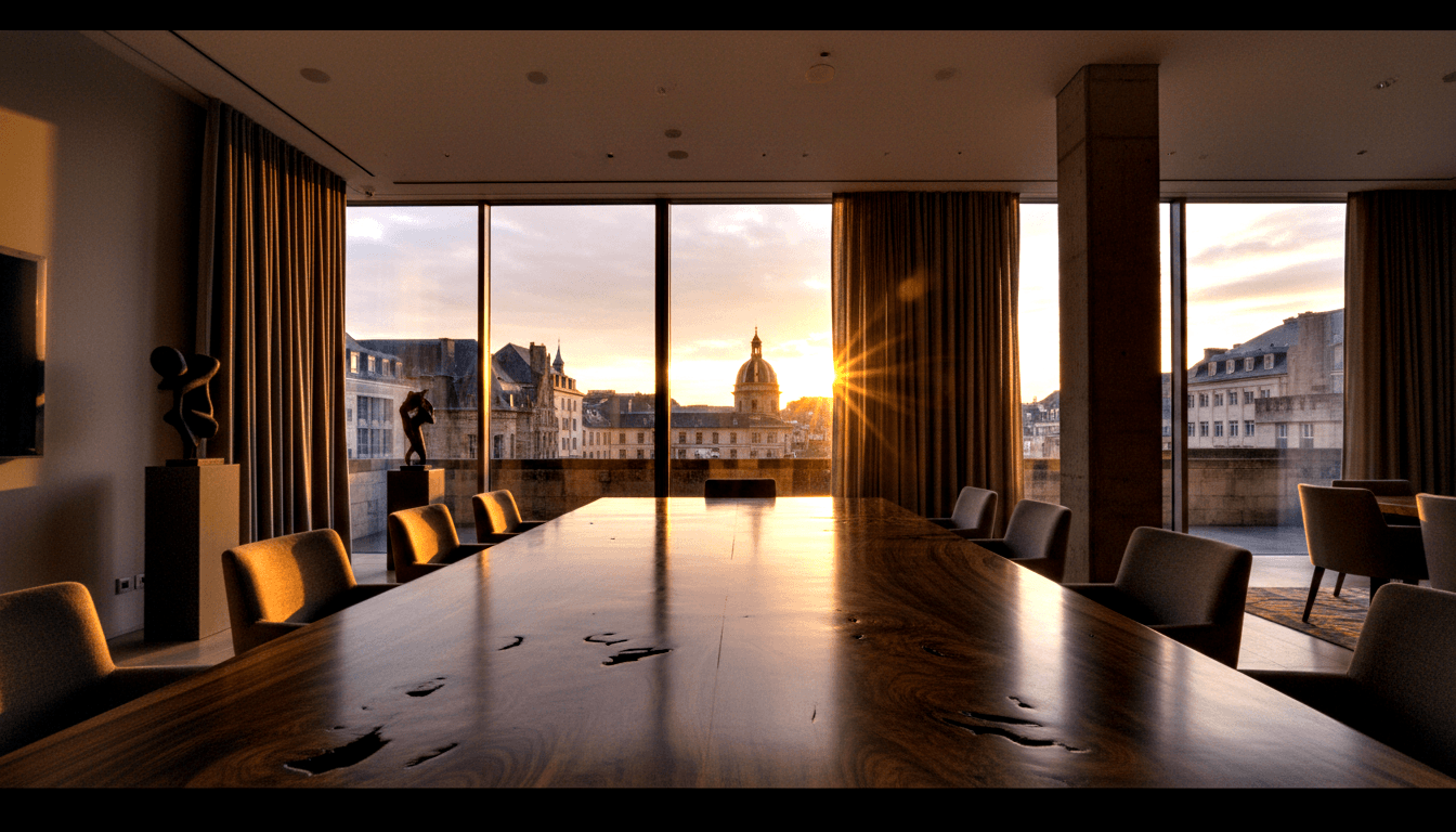 Large live-edge dark hardwood conference table with grey chairs, floor-to-ceiling windows framing a sunset skyline with a domed structure.