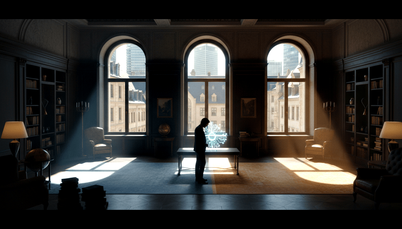 Silhouetted figure leaning over a table projecting a glowing blue-white holographic circuit display in a grand classical library.