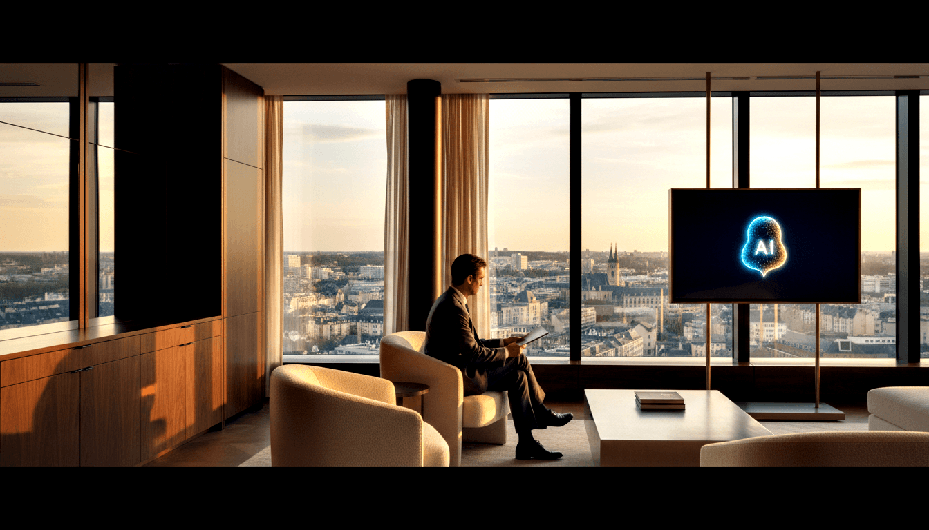 Man in dark suit sits in cream armchair holding tablet, facing freestanding screen with glowing blue AI logo.