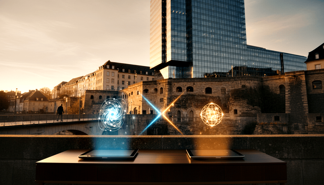 Two devices on a ledge project holograms—blue spiral orb and amber wireframe sphere—linked by crossing light beams forming an X.