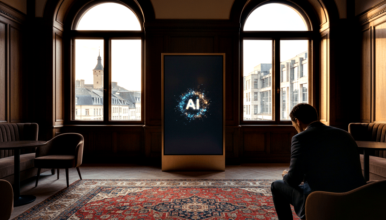 Man in dark suit studies glowing 'AI' display with gold frame and particle effects in wood-paneled room with arched windows.