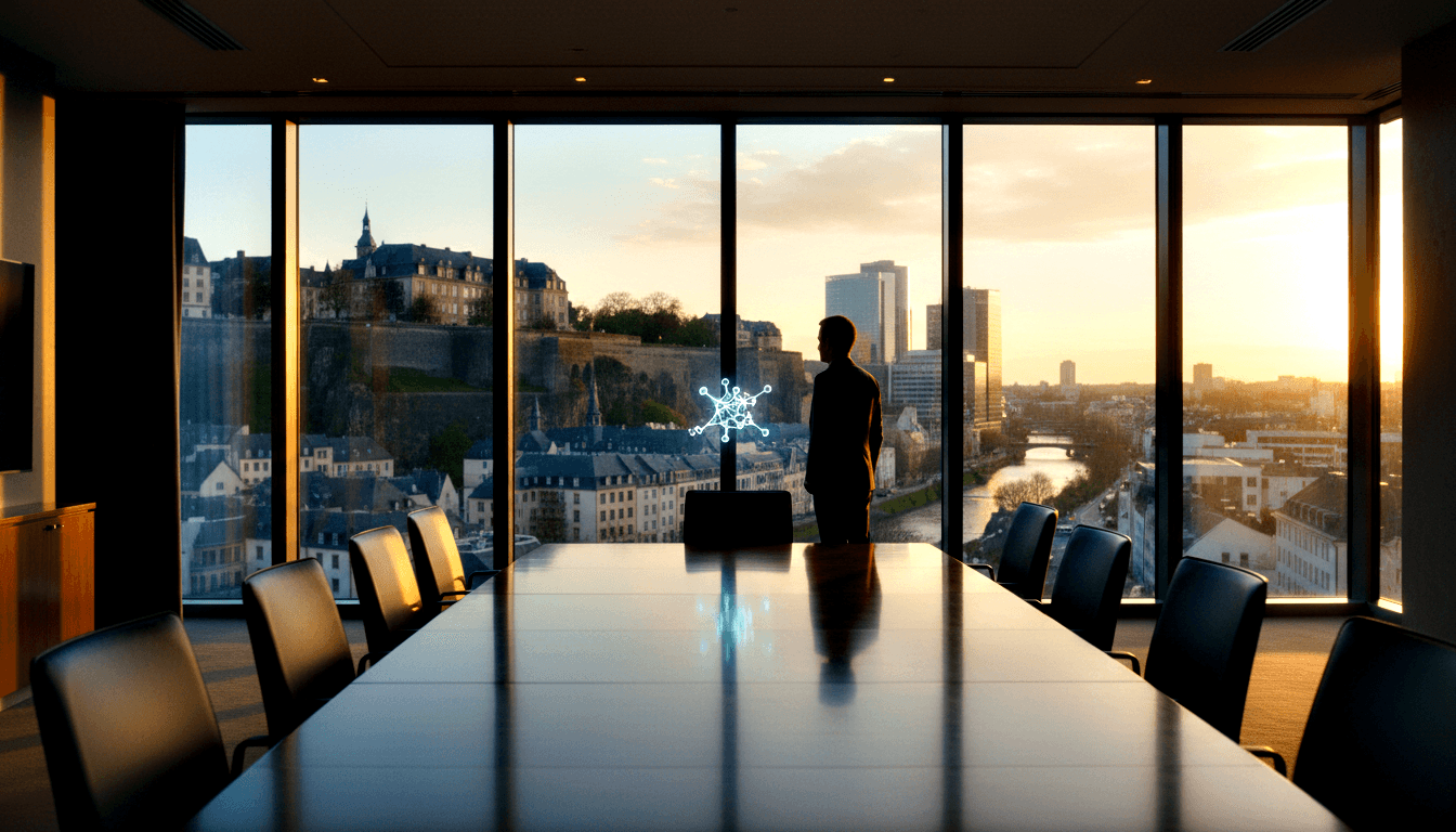 Silhouetted suited figure at dark conference table facing windows with golden-hour view of historic cliff, modern towers, and river.