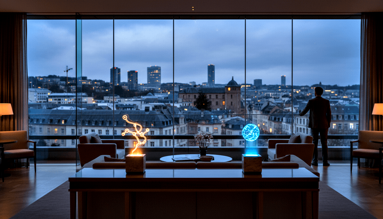 Dim high-rise lounge with city dusk view; round table holds orange sculpture and cyan orb; silhouetted man stands far right.