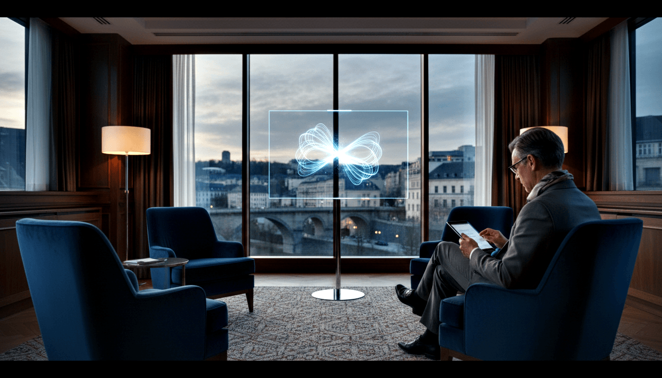Man in gray suit and scarf sits in navy velvet armchair looking at tablet beside glowing infinity-loop wire-frame sculpture on chrome pedestal.