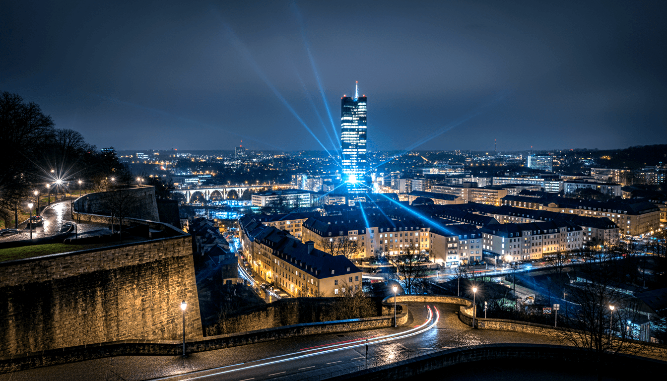 Stone ramparts overlook a cobblestone road with red and white light trails curving below a glass skyscraper projecting cyan searchlight beams.