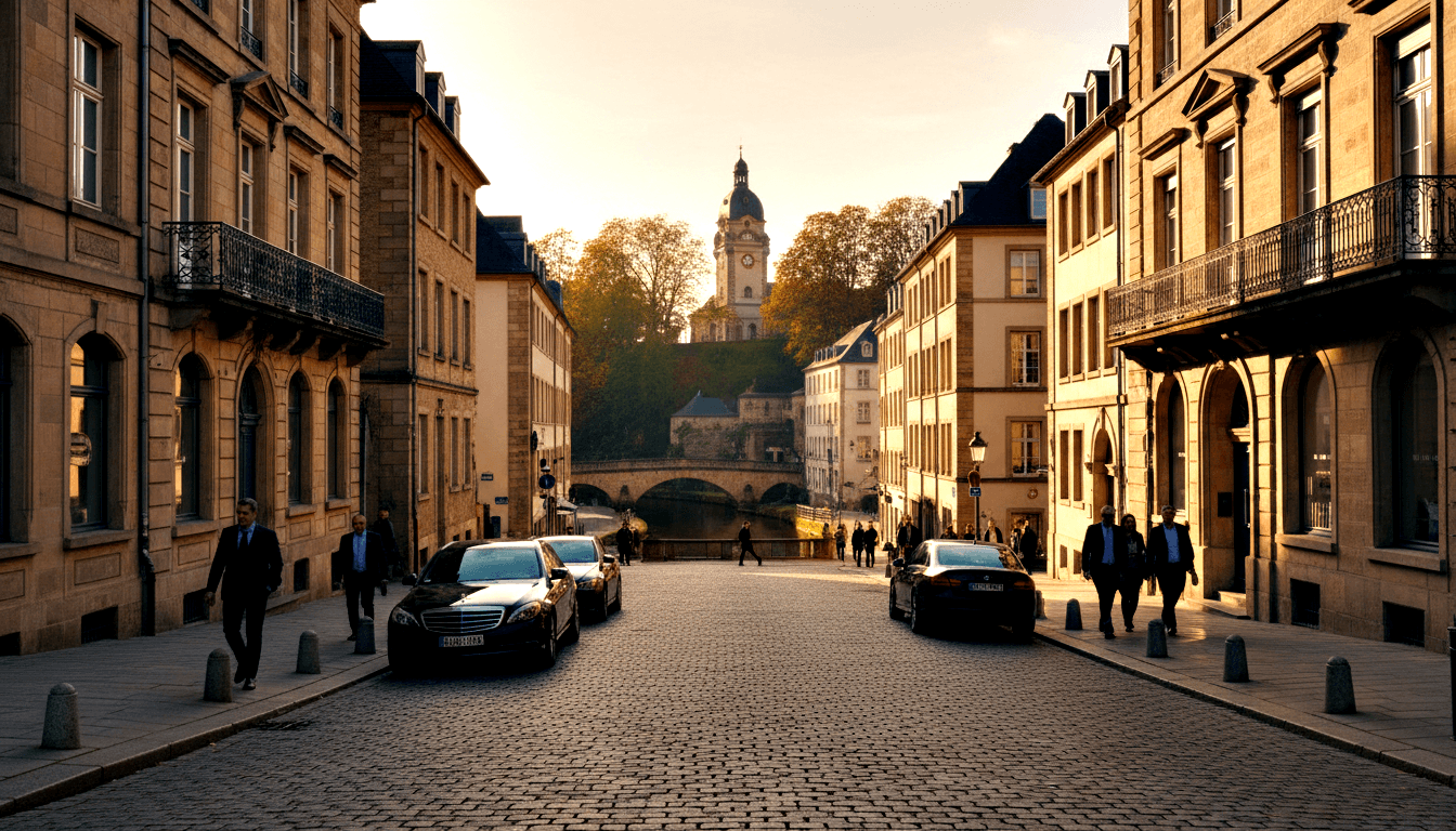 Cobblestone street lined with sandstone mansard-roofed buildings leads to a stone bridge and baroque domed church tower at golden hour.