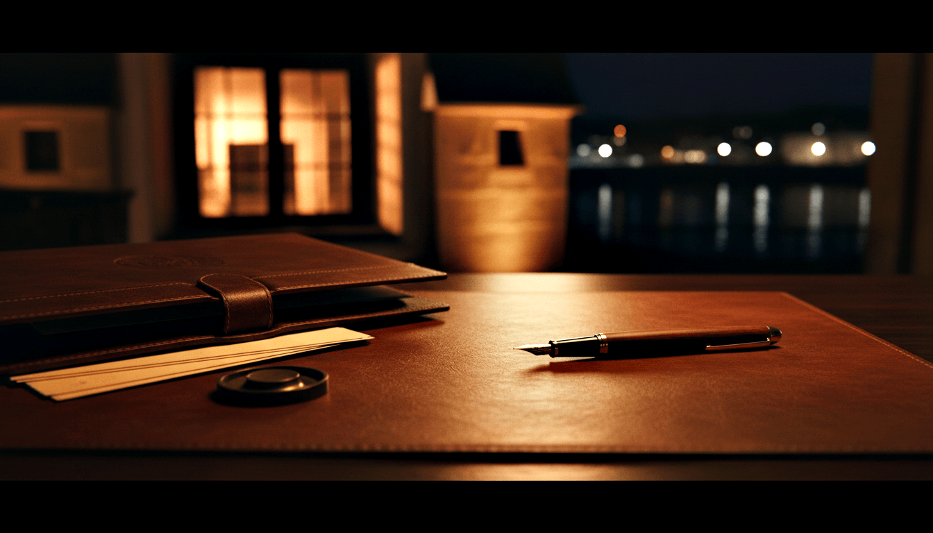 Burgundy leather writing desk with gold-trimmed fountain pen, cream cards, and stitched portfolio; grid-pane window overlooks dark waterfront.