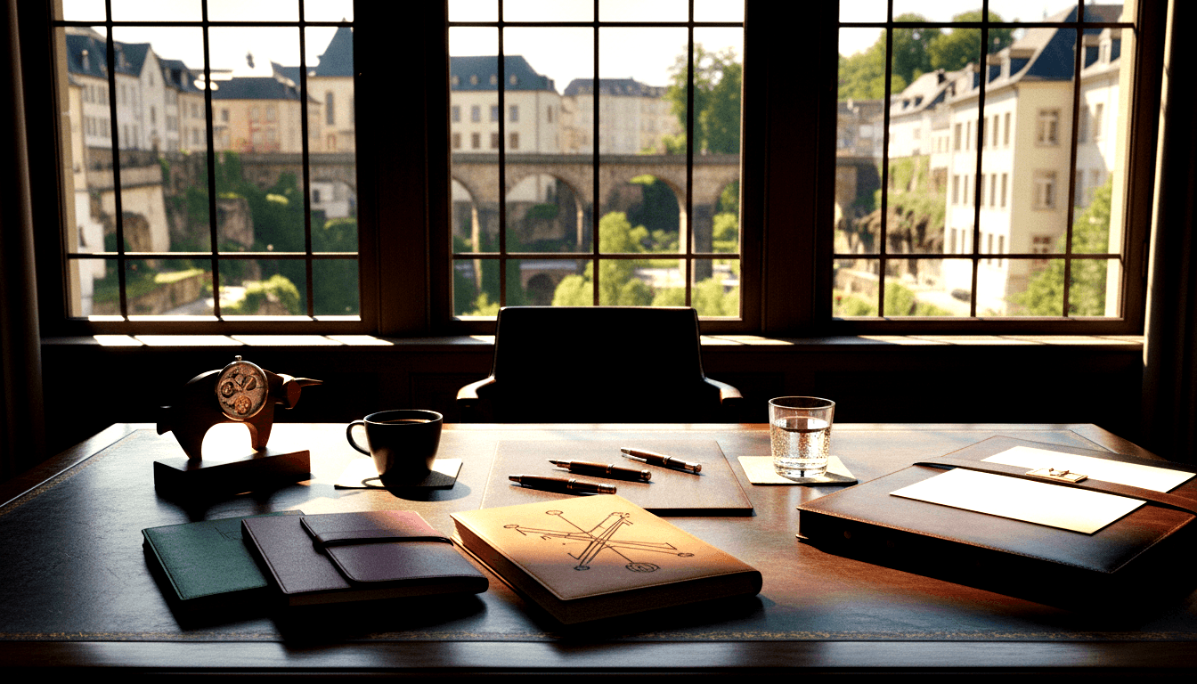 Executive desk with notebooks, open network diagram, pens, coffee, clock; windows overlook classical stone architecture in warm afternoon light.