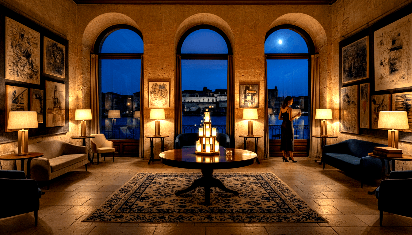 Grand stone salon with Romanesque arched windows; woman in black dress holds glass gazing at illuminated waterfront cityscape at night.