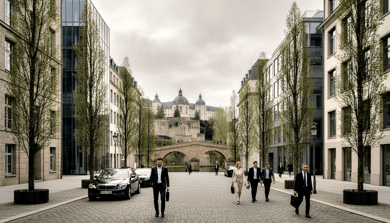 Professionals in dark suits and one in a beige suit walk a cobblestone boulevard toward a stone arched bridge and baroque castle on a hill.