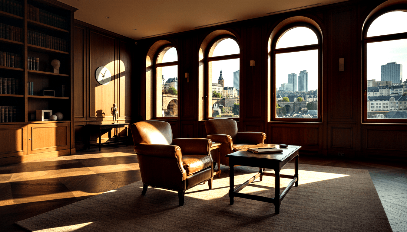Dark wood library with cognac leather chairs, slate table, bookshelves, arched windows casting golden light on parquet; cityscape beyond.