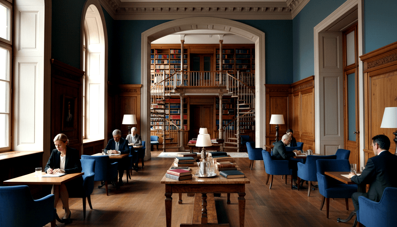 Grand library reading room with teal walls, oak paneling, parquet floors; five people work at lamp-lit tables with blue velvet chairs.