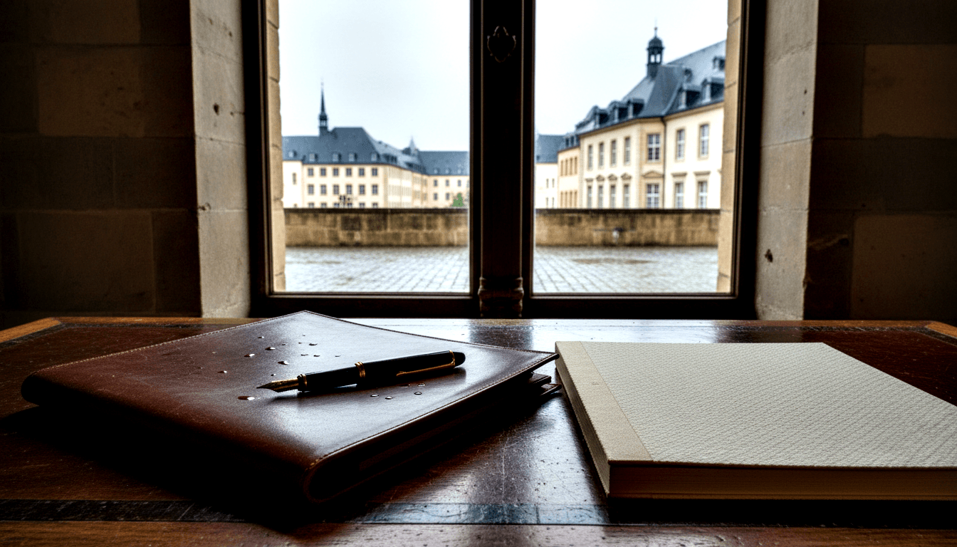 Brown leather journal with water droplets and a black-and-gold fountain pen beside a cream hardcover notebook on a dark wood desk.