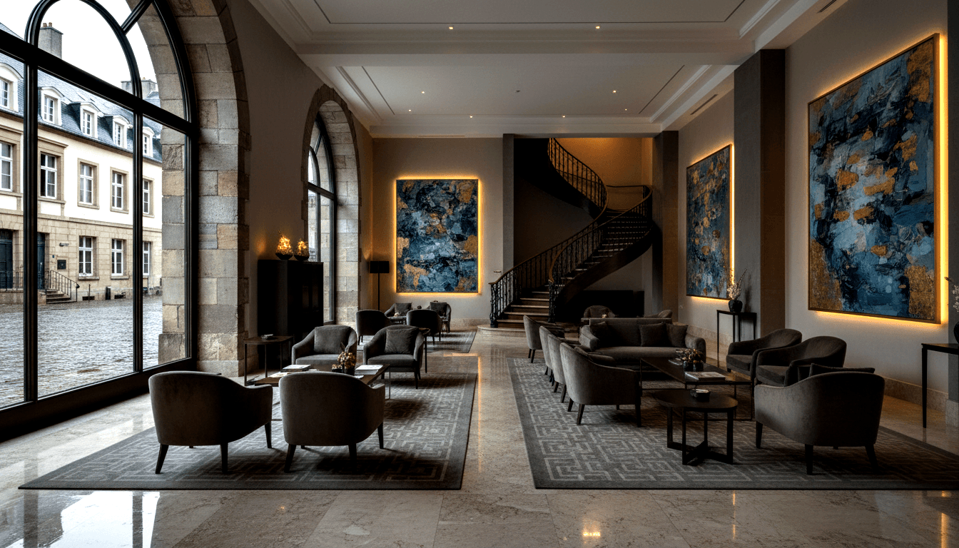 Empty lounge with marble floors, velvet armchairs, spiral staircase, blue-and-gold paintings, arched windows overlooking cobblestone courtyard.