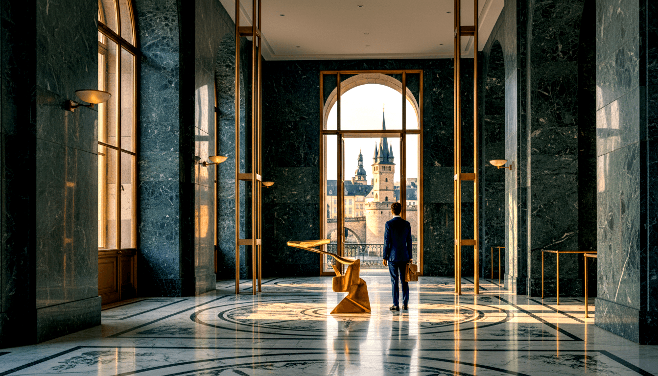 Marble hallway, dark green walls, gold railings, arched window framing stone spires; twisted gold sculpture foreground, distant figure.