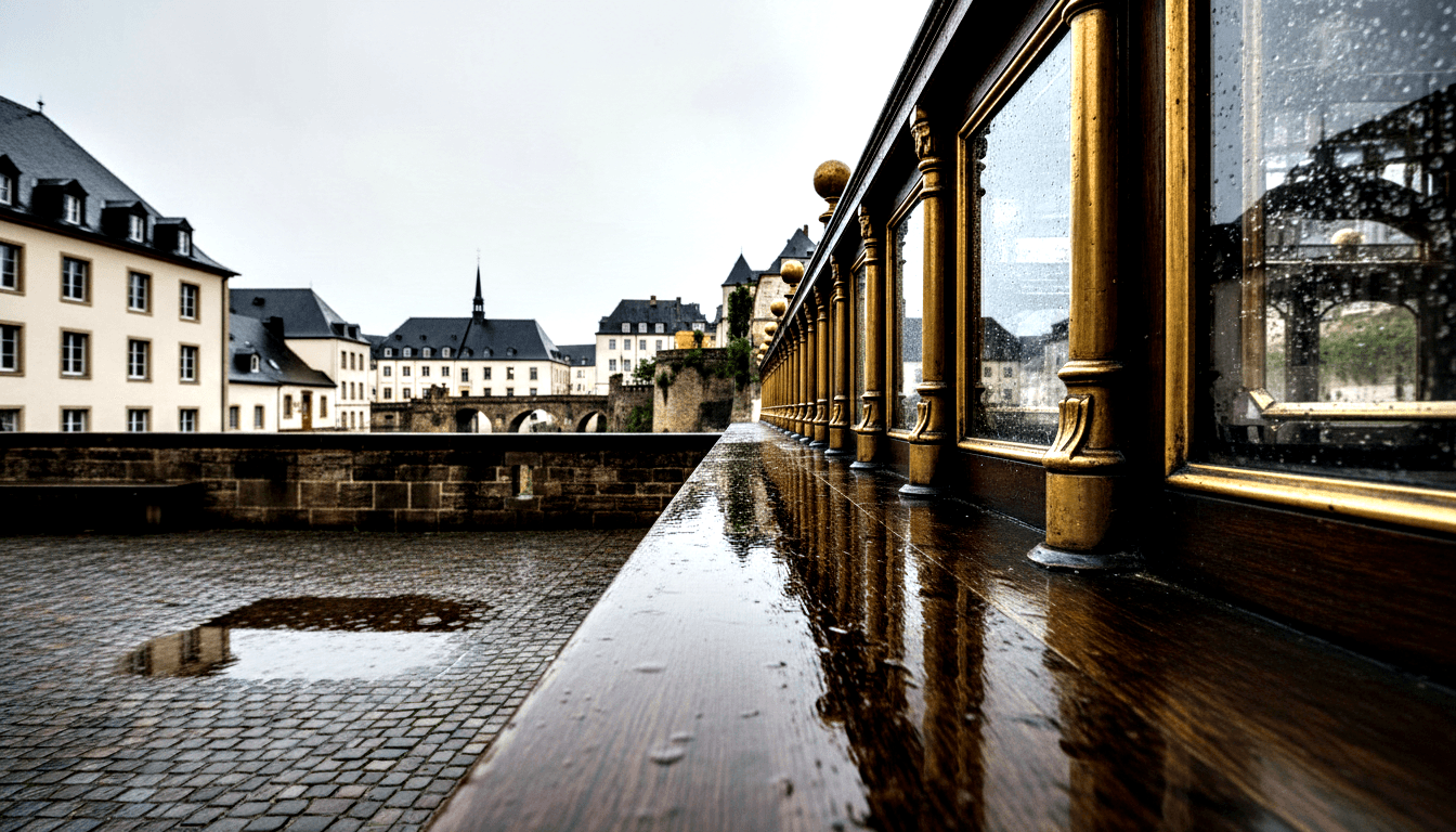 Wet wooden ledge with brass balustrade overlooking historic cream buildings, slate roofs, stone walls, and church spire.