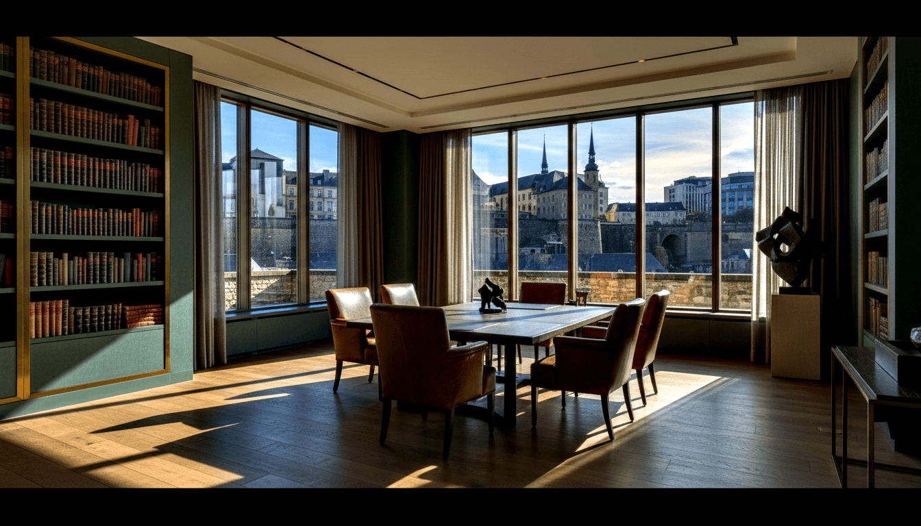 Corner meeting room with floor-to-ceiling windows, dark rectangular table, six cognac leather chairs, and forest green built-in bookshelves.