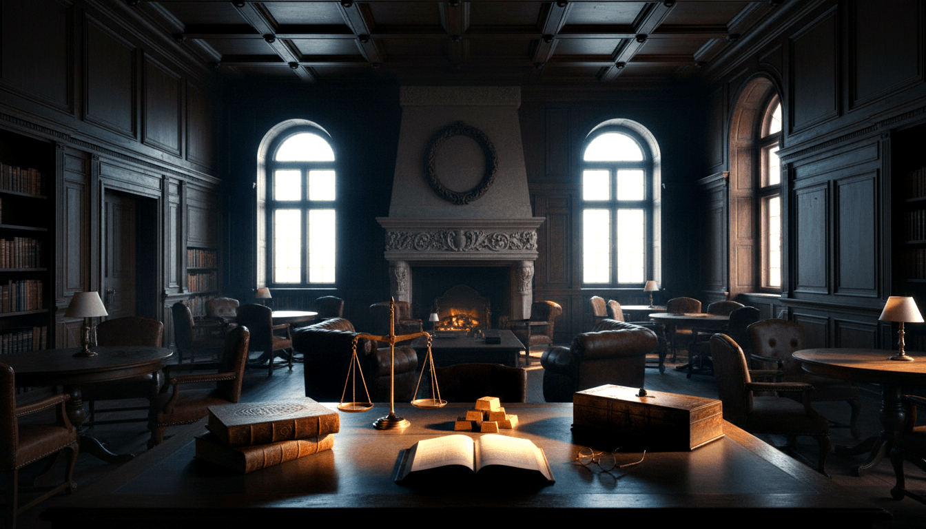 CGI ornate study: navy walls, coffered ceiling, stone fireplace, table with brass scale, gold ingots, antique books.