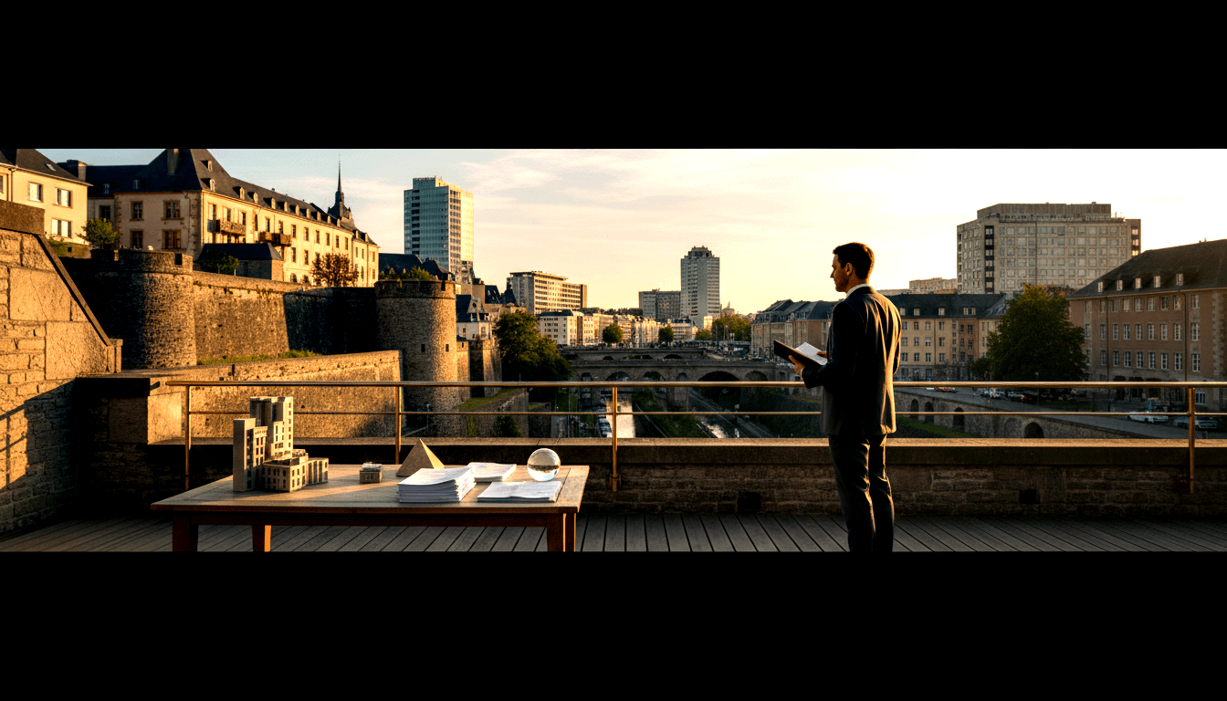 Man in dark suit stands on terrace facing a cityscape of stone fortifications, medieval towers, river valley, and high-rises at golden hour.