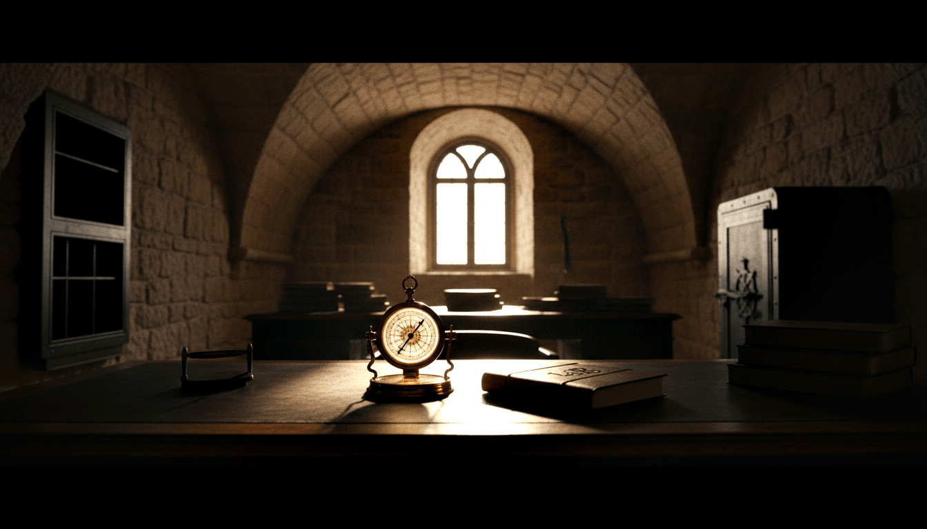 CGI stone chamber with barrel-vaulted ceiling, stone benches, gothic window, and a glowing brass navigational instrument on a foreground desk.