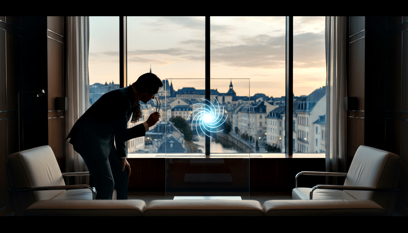 Silhouetted figure in blazer leans toward cyan-blue spiral vortex on glass; historic cityscape at dusk behind.