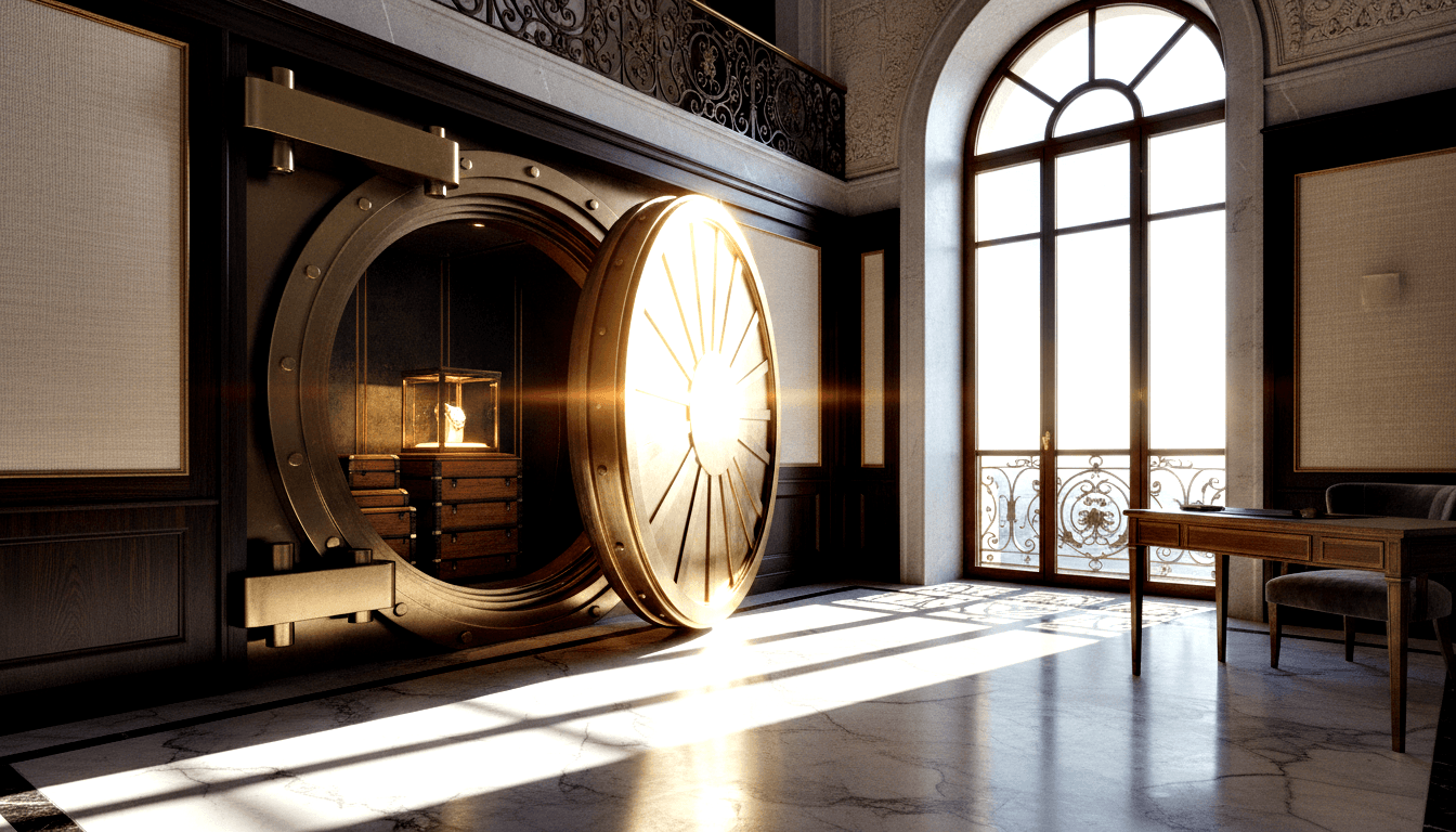 CGI grand interior with open circular brass-and-gold vault door revealing stacked trunks and glowing glass case inside, marble floor.