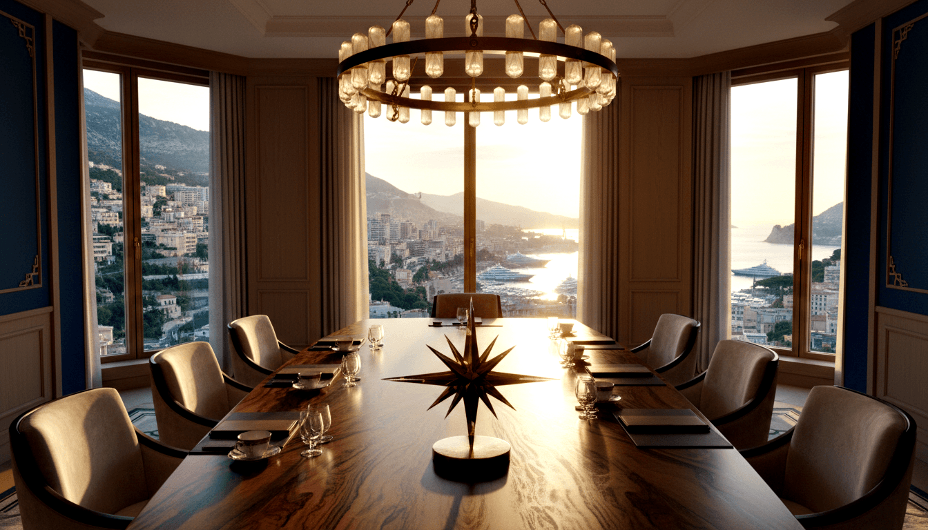 Dark rosewood dining table with champagne chairs, bronze star sculpture centerpiece, two-tier chandelier, coastal harbor views at golden hour.