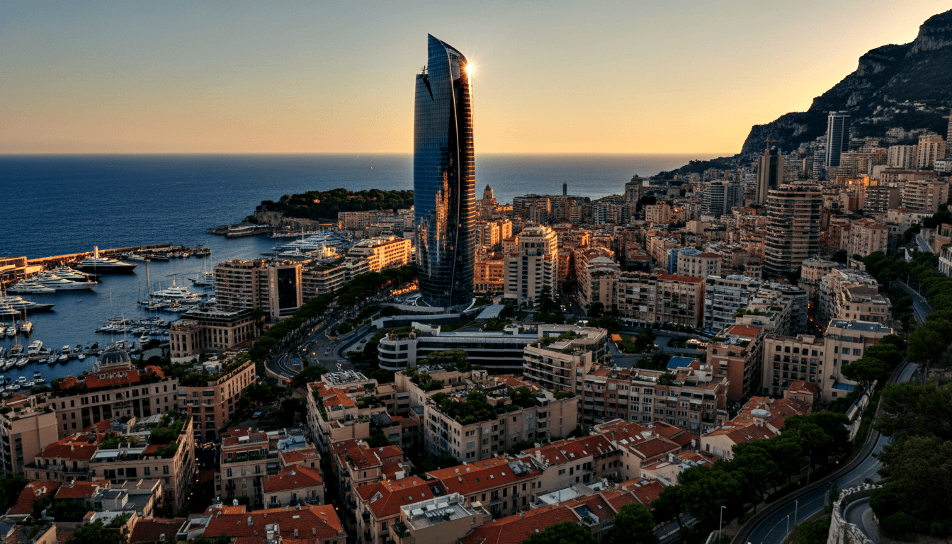 Aerial dusk view of a hillside coastal city with a twisted glass skyscraper rising above terracotta-roofed buildings, marina with yachts at left.