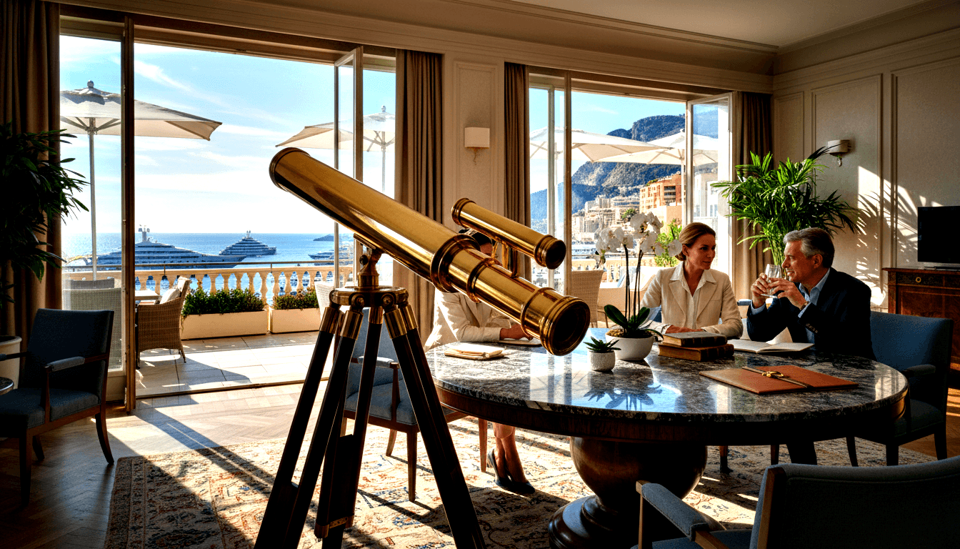 Brass telescope on tripod; woman in white blazer and man in dark suit at marble table; harbor with yachts beyond.