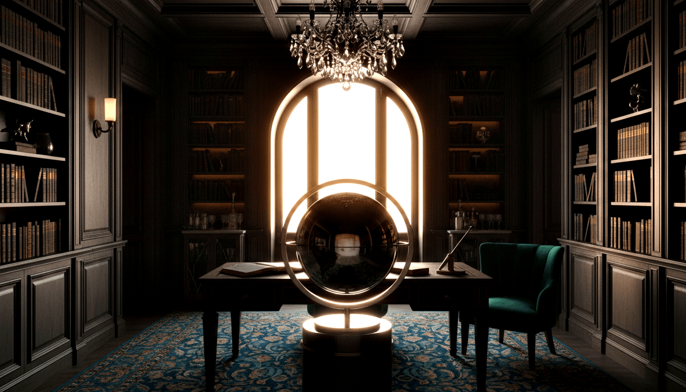 Dark 3D-rendered library with floor-to-ceiling bookshelves, glowing ring-and-sphere apparatus on a desk, arched window, and crystal chandelier.