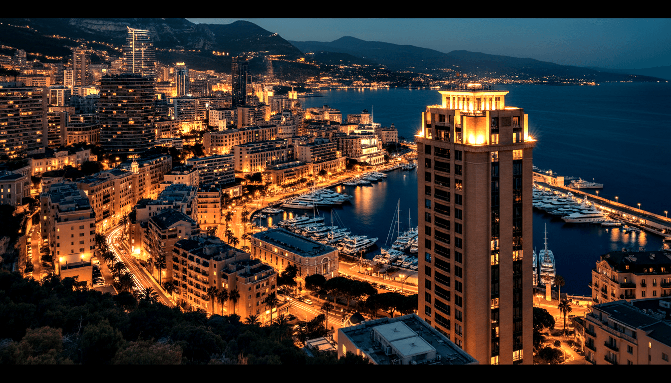 Coastal city on steep hillsides descends to harbor with yachts; amber-crowned skyscraper at right, dark mountains under navy sky.