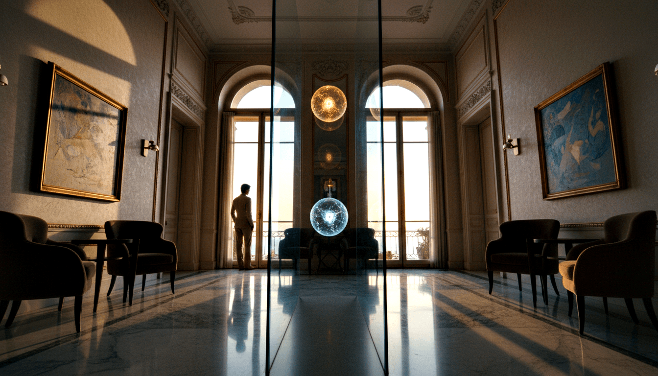 Symmetrical classical hall with marble floors, arched windows, two glowing orbs, and a silhouetted male figure left of center.