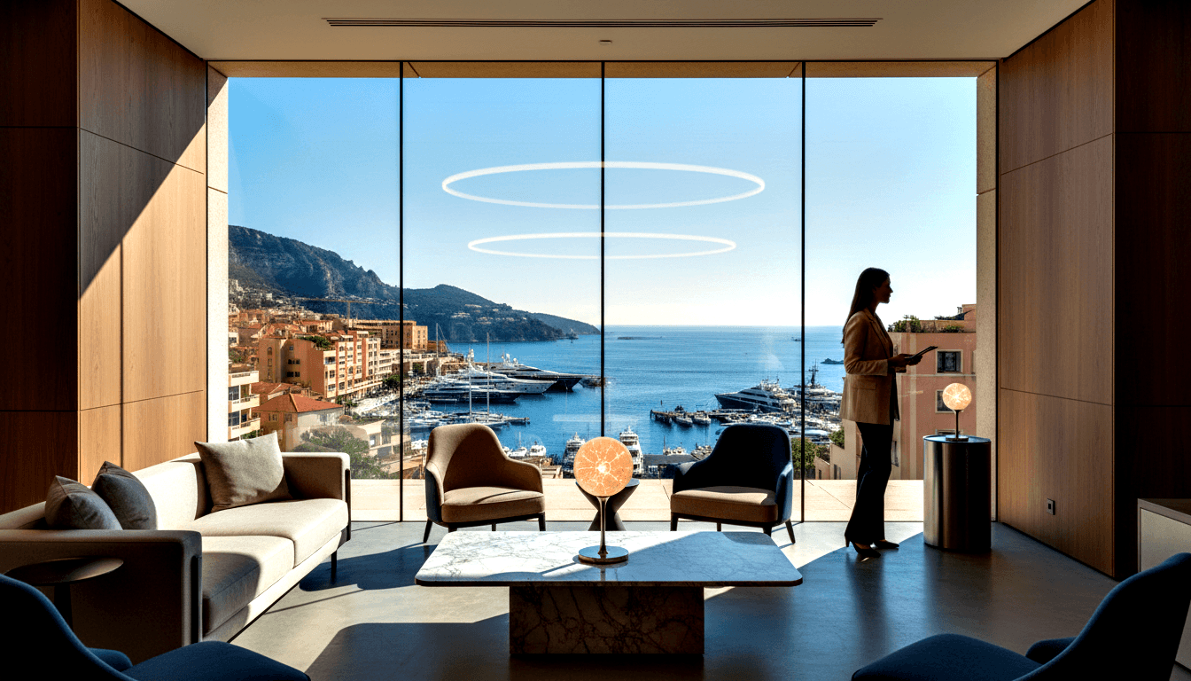 Living room with sofa, armchairs, marble coffee table, amber globe lamp, windows overlooking coastal harbor with yachts and mountains.
