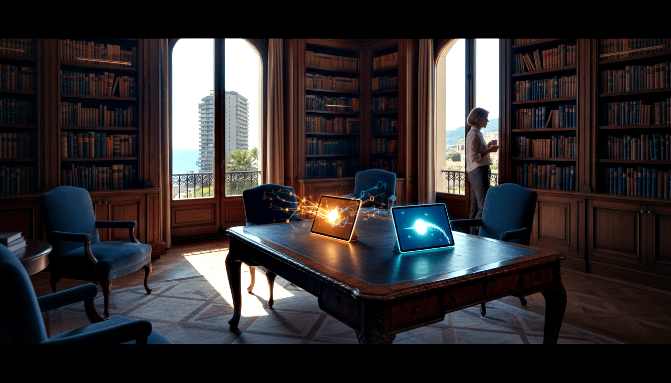 Wood-paneled library; dark desk holds amber and cyan tablets showing networks; light-haired woman stands at window with a cup.