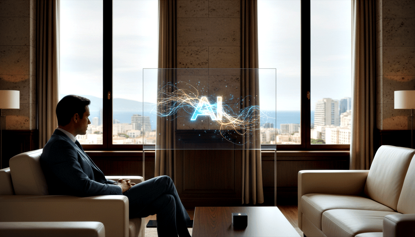 Man in dark navy suit sits in profile, hands clasped, facing a glowing cyan holographic panel surrounded by amber and cyan particles.