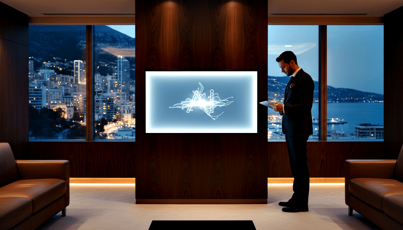 Bearded man in navy suit views tablet before wood-paneled wall with scribble art panel and coastal harbor city at dusk.