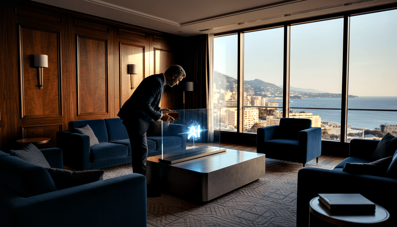 Gray-haired man in dark blazer leans forward, hand extended toward a coffee table emitting a glowing blue-white 'AI' display.
