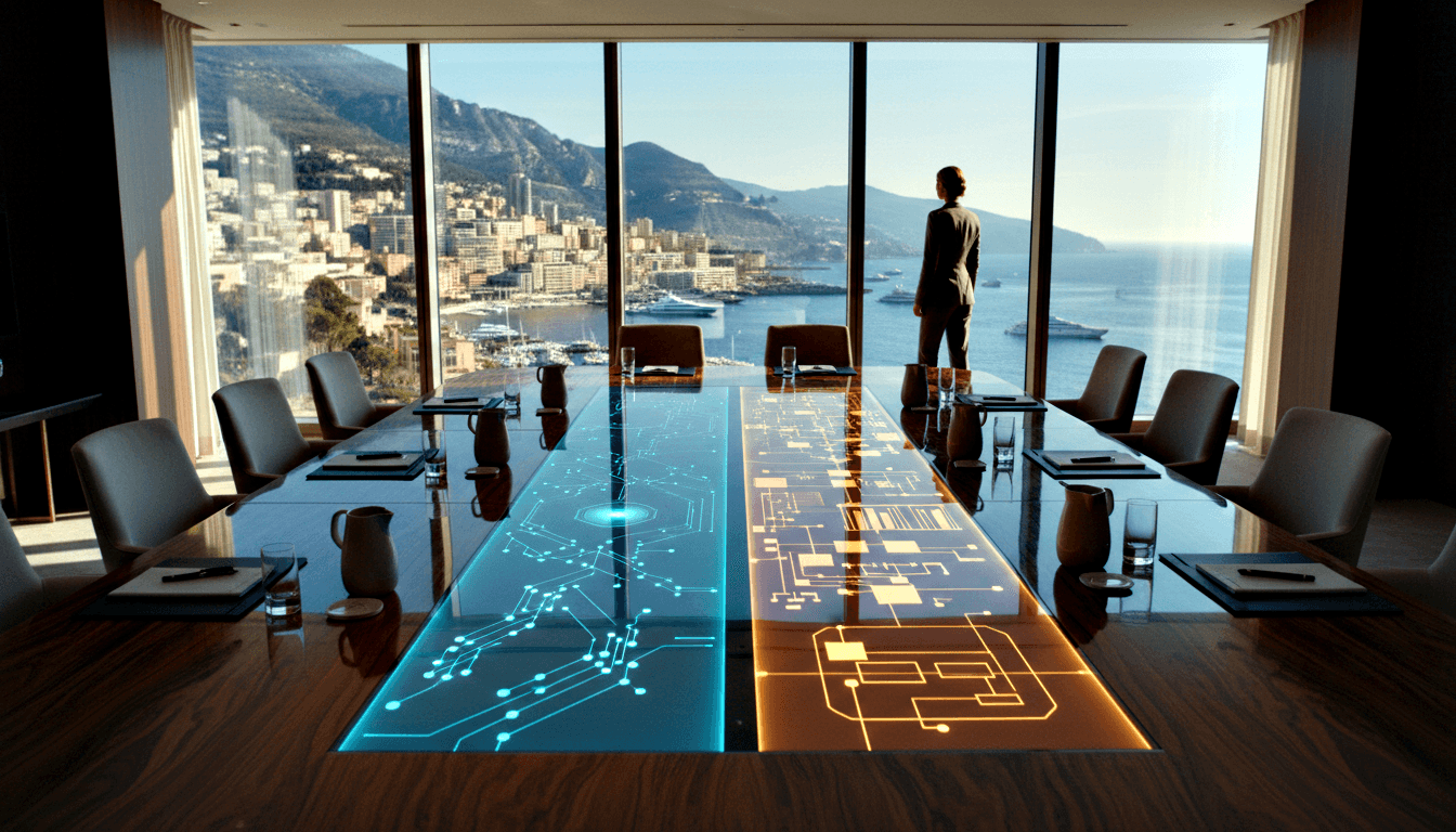 Dim conference room, glowing table with circuit diagrams, dark chairs, silhouetted figure at window overlooking coastal harbor.