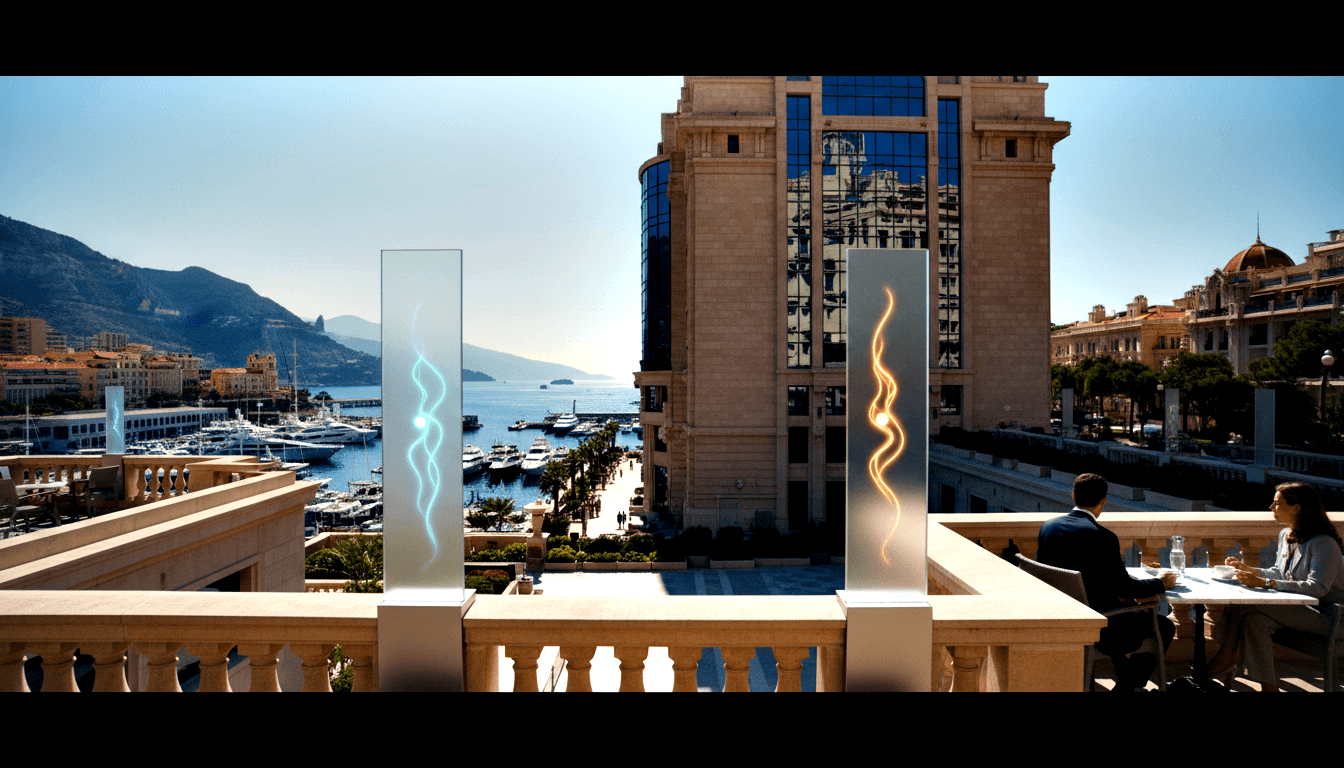 Rooftop terrace overlooking marina; cyan and amber glowing panels; man in dark suit and woman at table with glassware.