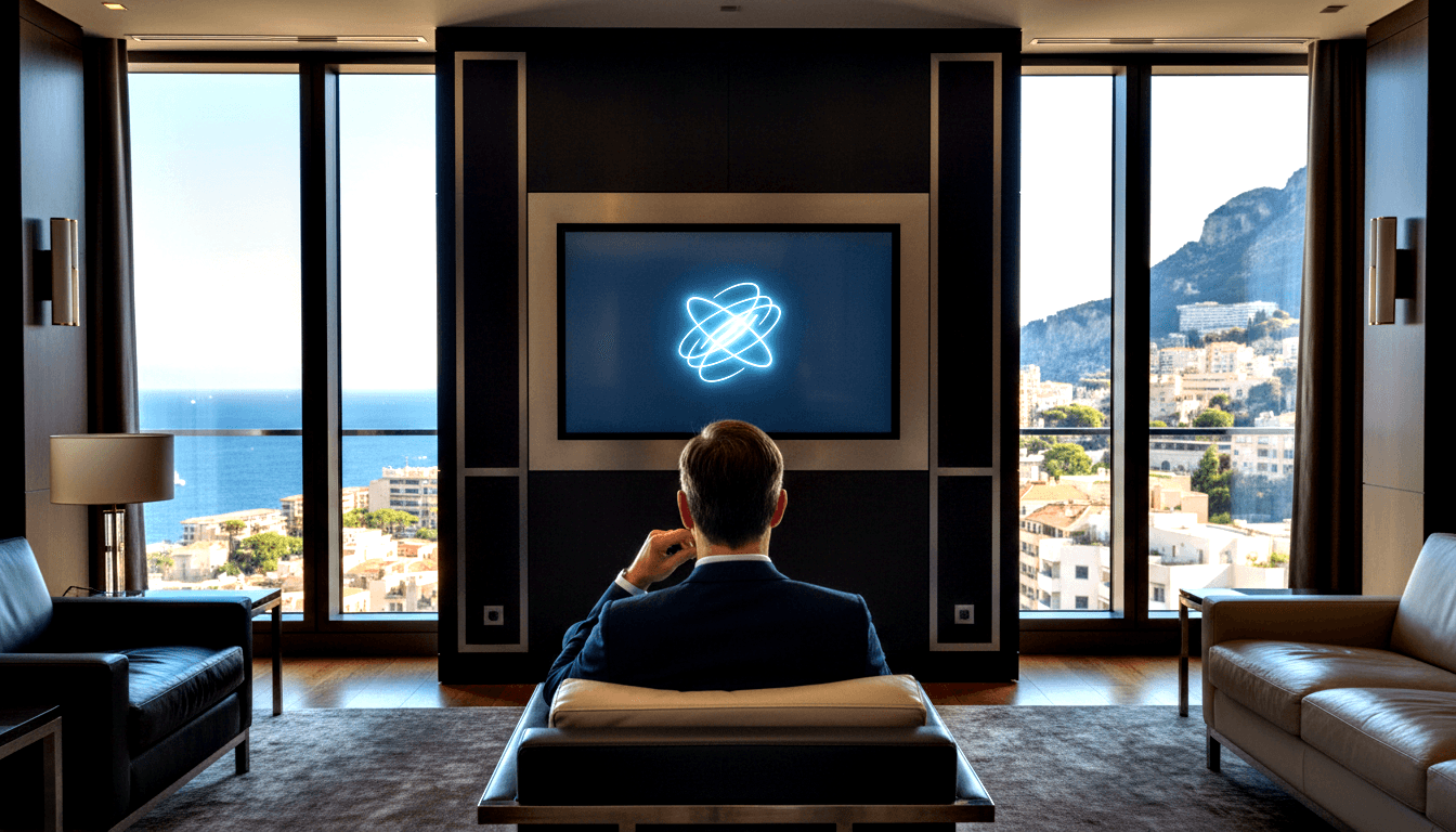 Man in dark navy suit sitting back-to-camera in cushioned chair, facing a wall-mounted screen glowing with an atomic orbital symbol.