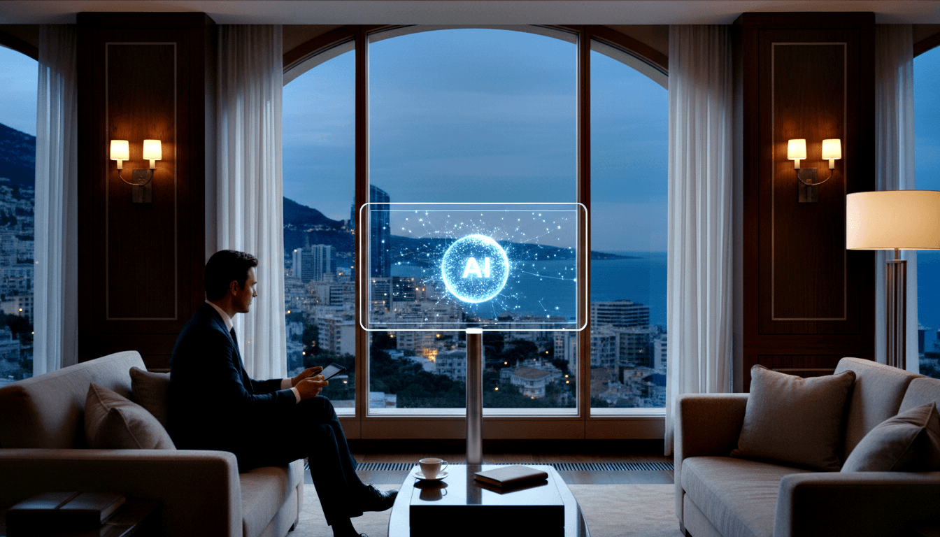Man in navy suit on cream sofa faces cyan holographic AI display; coastal skyline visible through arched windows at dusk.