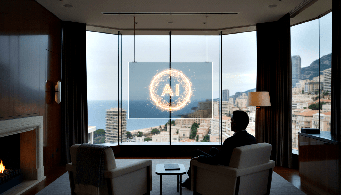 Silhouetted adult in cream armchair faces glowing orange AI panel, coastal cityscape and grey-blue sea beyond curved windows.