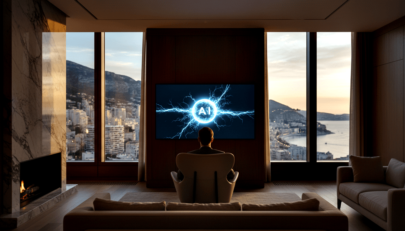 Person in dark clothing sits in pod chair facing wall TV showing circular lightning bolt with 'AI'; fireplace glows at left.