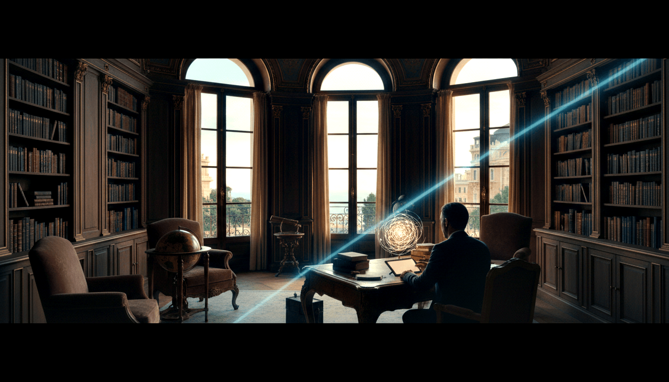 Man in dark suit sits back-to-camera at an antique desk in a dim library with a glowing amber orb, cyan light beam, globe, and laptop.