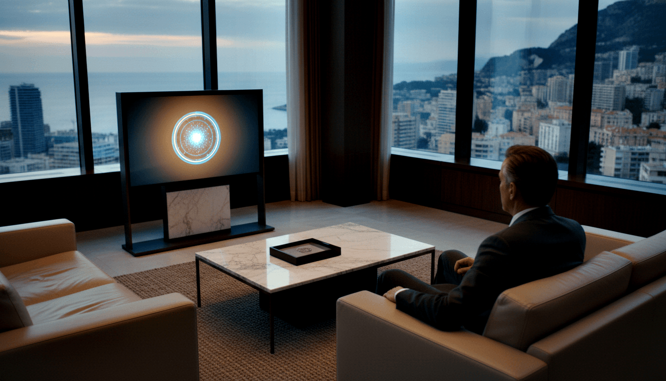 Red-haired man in dark suit sits on cream leather sofa, back to camera, watching a sculptural display emitting circular amber-gold mandala glow.