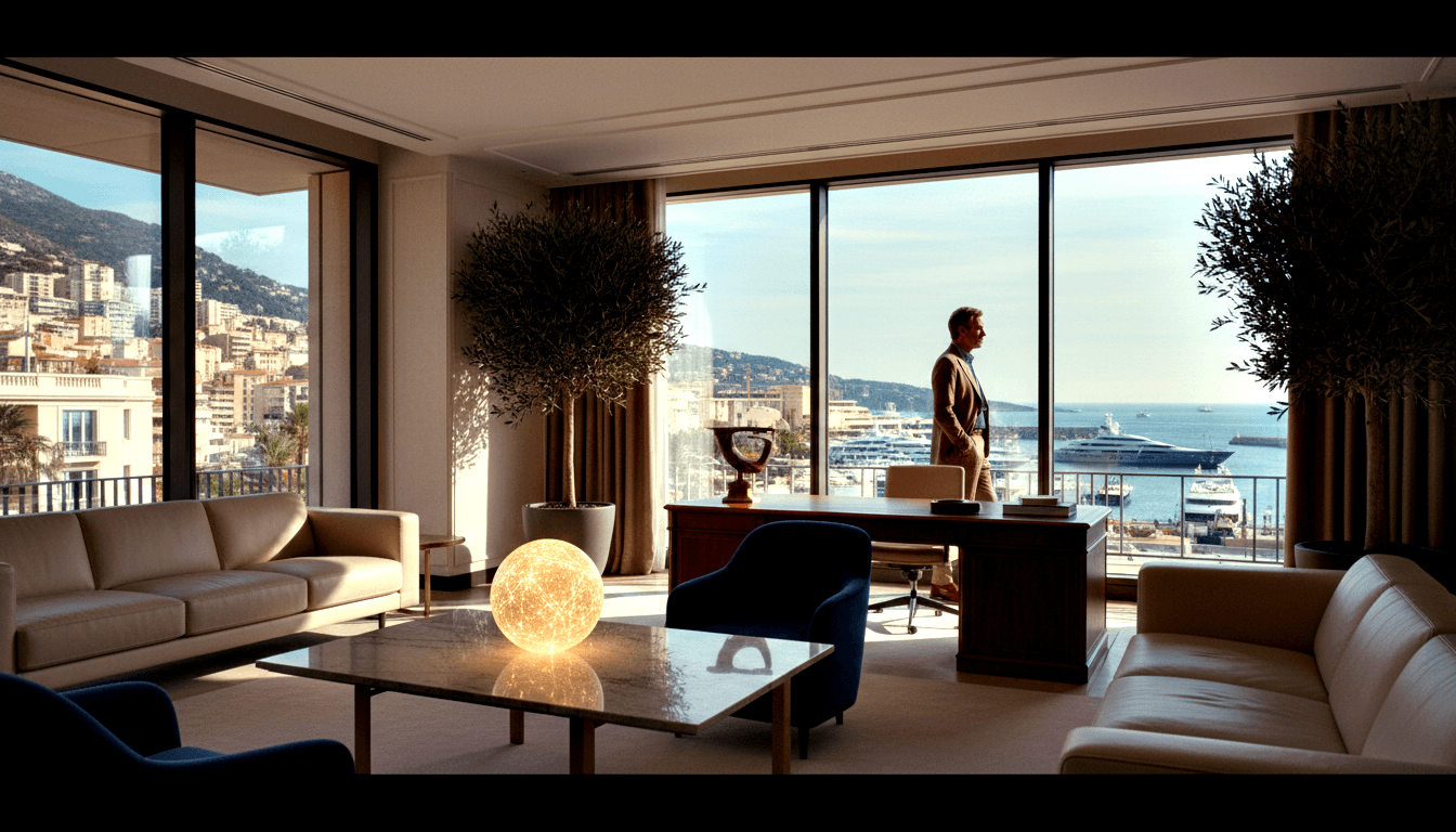 Middle-aged man in tan suit stands in profile at floor-to-ceiling windows overlooking a marina with yachts, hillside buildings, and open sea.