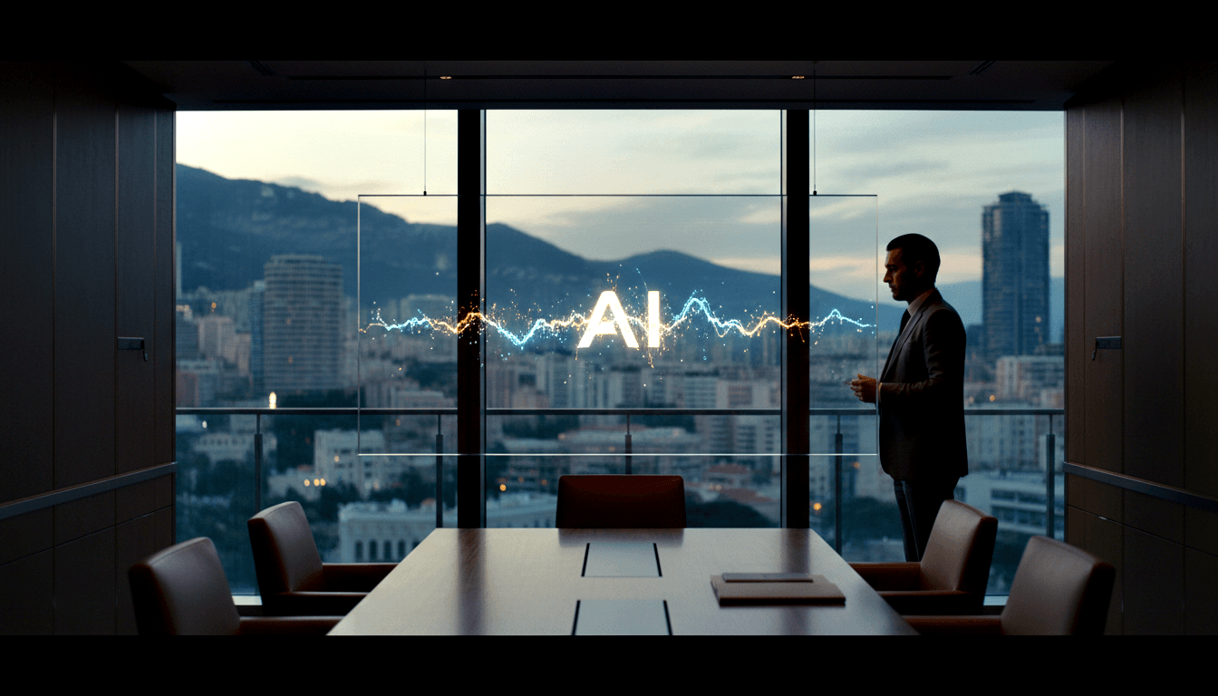 Man in dark suit stands in dim high-rise conference room; cyan holographic 'AI' energy waves glow over twilight cityscape outside.