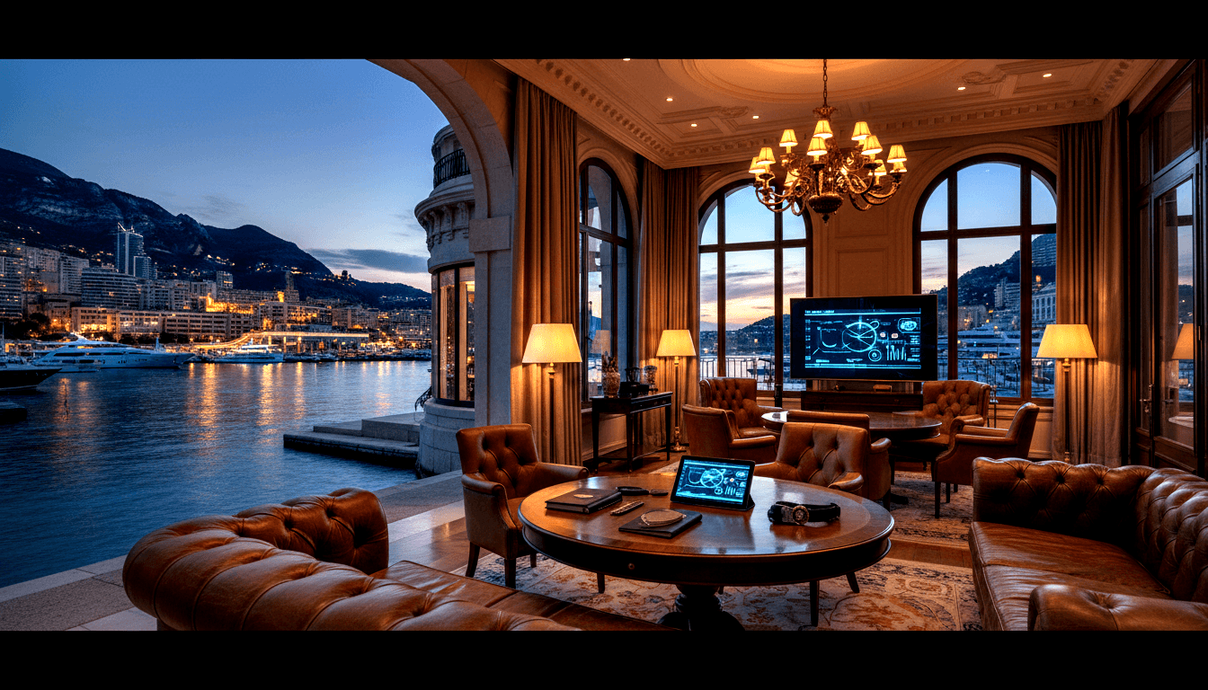 Classical interior: tufted leather sofas, glowing tablet, chandelier; arched opening to yacht-lined waterfront at dusk.
