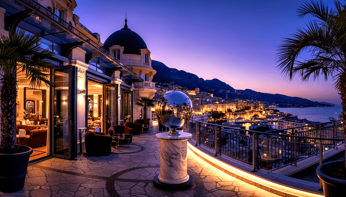 Chrome globe sculpture on white marble pedestal on a terrace at dusk, with red velvet chairs, palm trees, and a coastal city and harbor below.