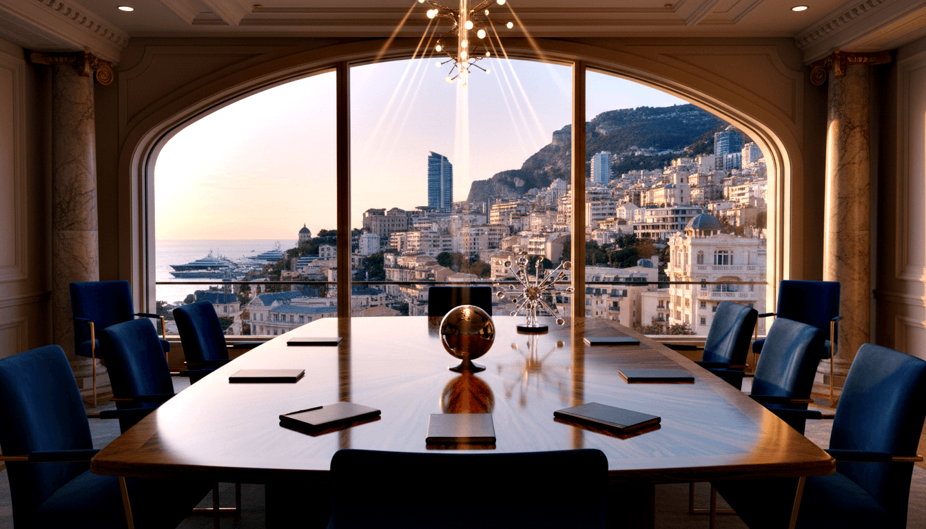 Boardroom: oval wood table, blue chairs, gold globe, coffered ceiling, arched window overlooking coastal harbor at sunset.
